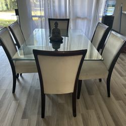 Glass Mirror Table with Bronze Pedestal Middle And 6 Chairs