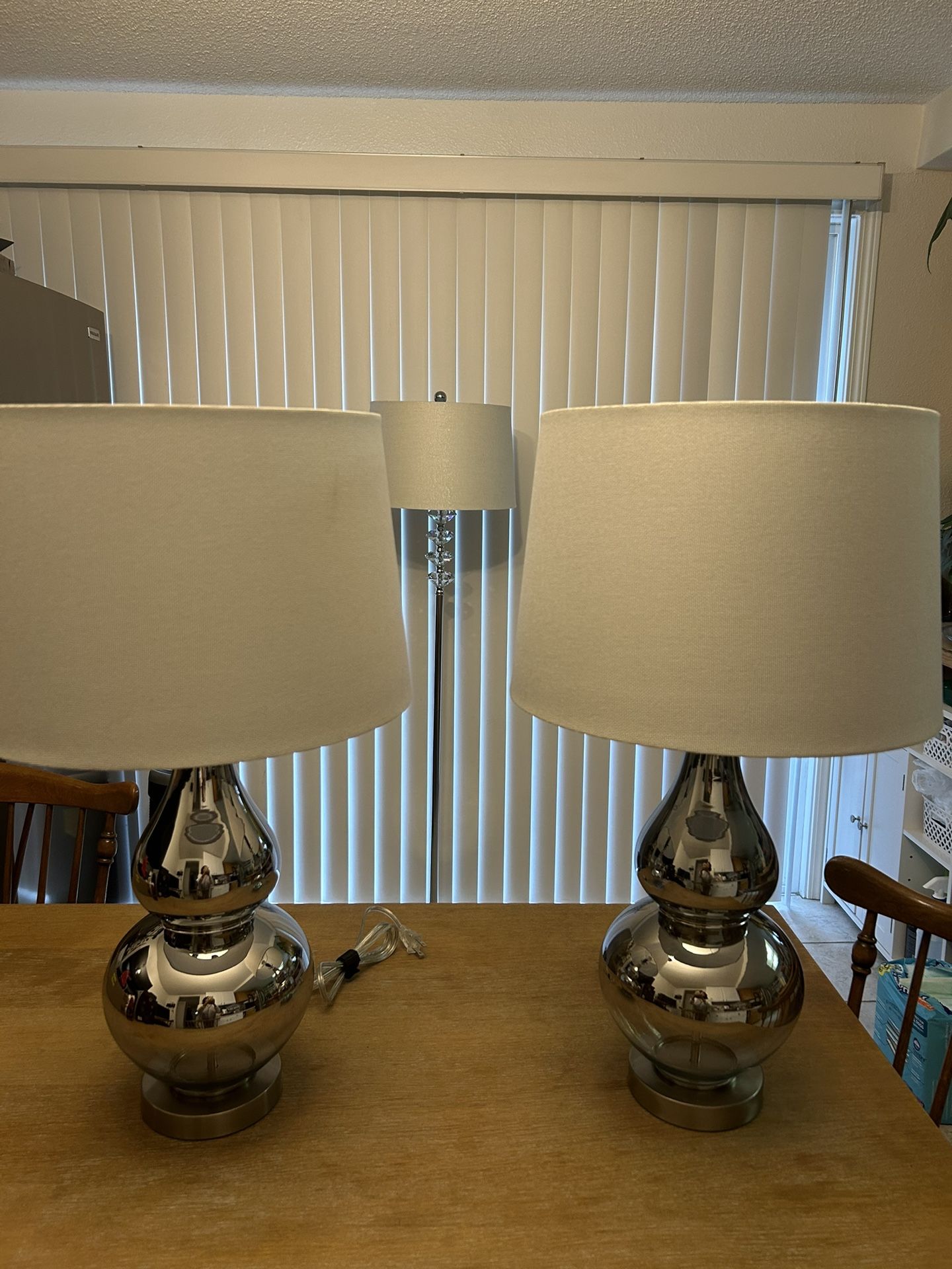 3 Lamps= 2 Silver, Glass Table lamps and 1 Chrome, Crystal Lamp