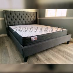 Queen Gray Wingback Button Tufted Bed w. orthopedic Mattress included 
