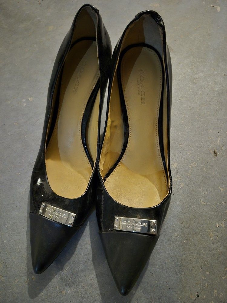 Coach Leather Point Cap Toe Black Silver Stiletto Heel Zan Size 6.5B