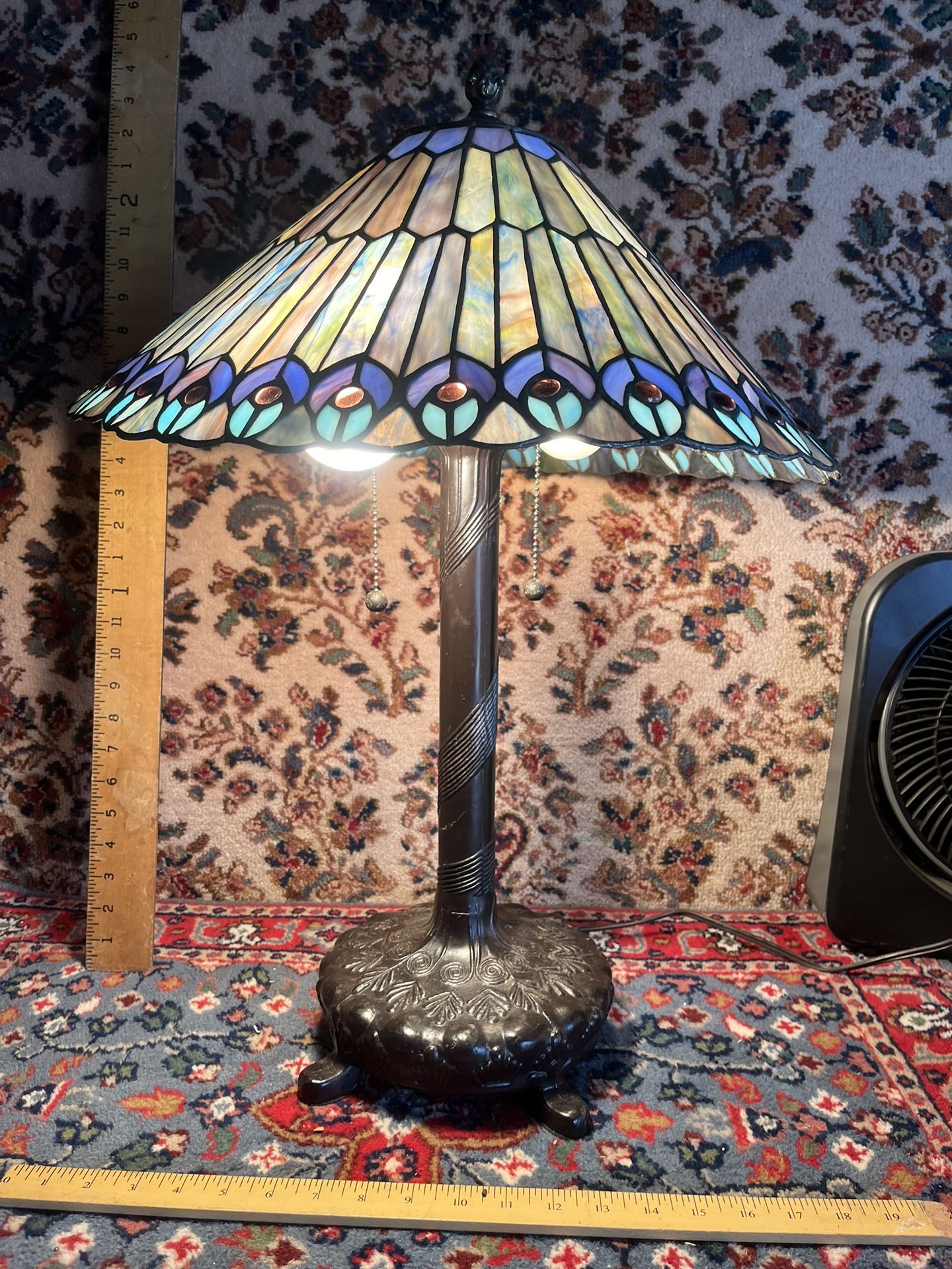 Vintage Tiffany Style Leaded Glass Peacock Lamp