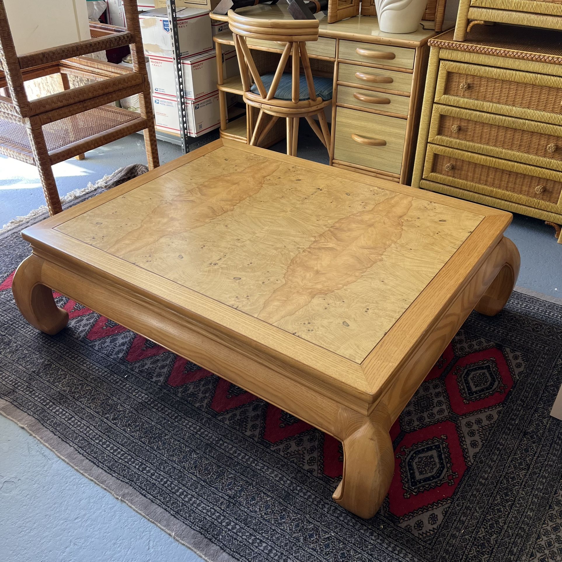 1980s Henredon Coffee Table Ming Style Burl Wood