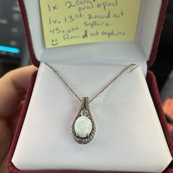 2Ct Oval Opal Sterling Silver Necklace With White Sapphires