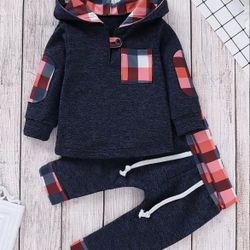 2pcs Boys Casual Red And royal blue Crew Neck Long-Sleeve Hooded Sweatshirt With Pants Set Size 18-24 M