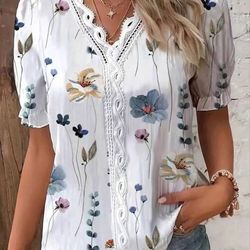 EMERY ROSE Women's Vacation Leisure Floral Print Contrast Lace Puff Sleeve Shirt,Short Sleeve Tops. Sizs: 3XL(16 us)