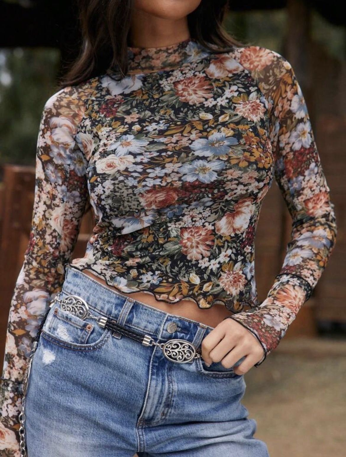 Floral Semi- Sheer Mesh Long Sleeve Knit Top