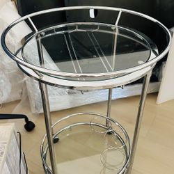 Convenience Crest Bar Cart With Wheels, Clear Glass / Chrome Frame