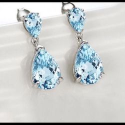 Gorgeous Brand New Pear Shape Aquamarine Cut Prong Setting 925 Sterling Silver Earrings 
