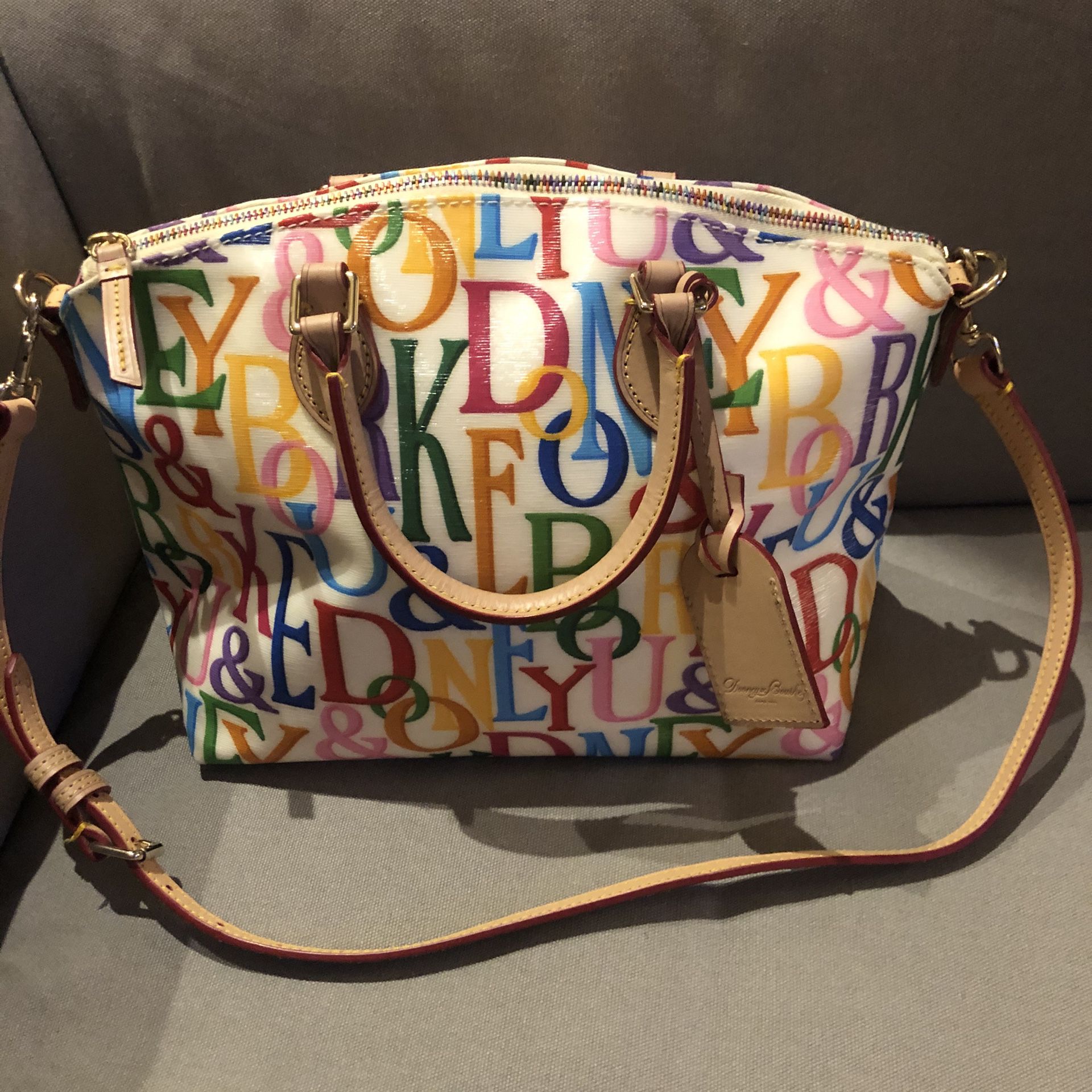 Dooney & Burke White Leather Satchel with colored lettering all over