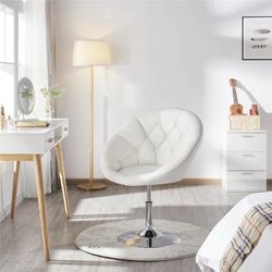 Height Adjustable Modern Round Tufted Back Chair Upholstered Swivel Barrel Chair Vanity Chair Barstool Lounge Pub Bar Capable of 125kgs/276lbs White