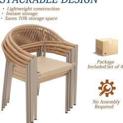 4pcs Garden Dining Chair Set, Stackable Rattan Armchairs, Aluminum Patio Furniture for Garden Backyard Poolside Bistro Restaurant (Brown)