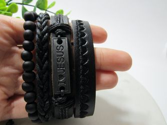 Adjustable Size up to 9.5inc Multilayer Leather Bracelet (Set of 4), I love Jesus