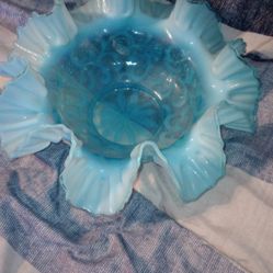 Vintage 40s Glass Lace Ruffle Aqua Bridal Bowl