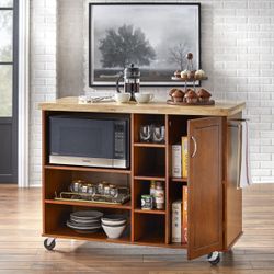 New Walnut Rolling Microwave Kitchen Island Cart Storage Cabinet 