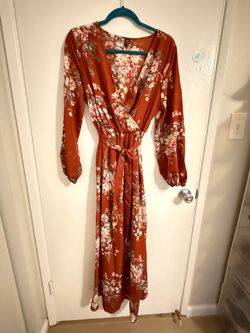 Rust Floral Wrap Midi Dress