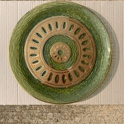 Vintage Culver Mid-Century Plate, Green Glass, Gold Detail