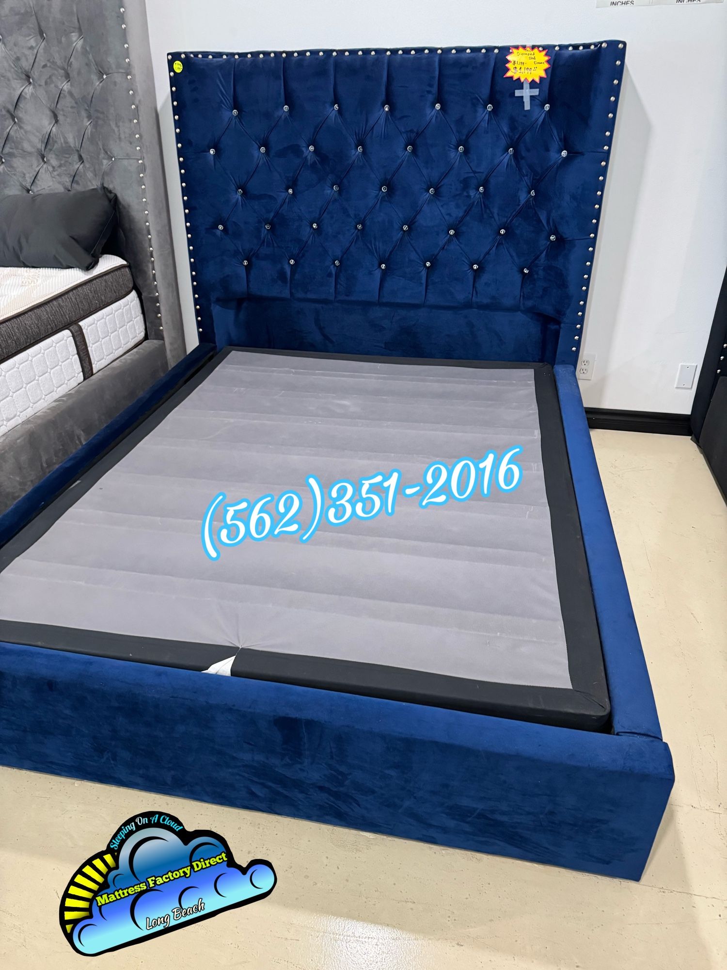 Queen Blue Velvet Bed Frame Diamond Boxspring 