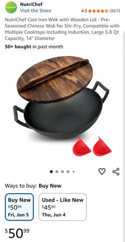 Nutrichef cast iron wok with wooden lid