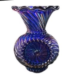 Vintage Cobalt Blue Carnival Glass Bud Vase. Spiral Pattern or Sundial Vase