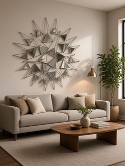 Three-dimensional geometric starburst wall mirror
