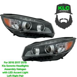 For 2016 2017 2018 Kia Sorento Headlights Assembly Halogen with LED Accent Light Left Right Pair