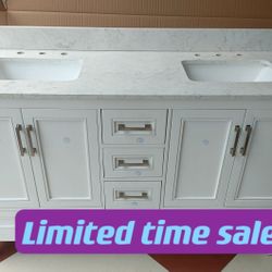 60”grey double sink bathroom vanity with carrara white marble stone top