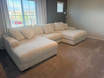 Large Cream Corduroy Sectional Sofa with Double Chaise