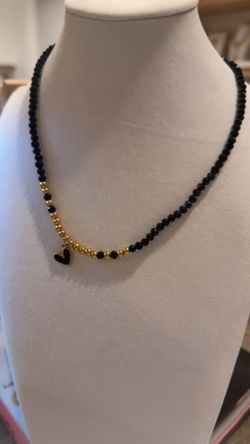 Gold Necklace with Black Heart Charm – Brand New