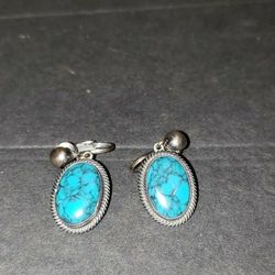 Vintage Sterling Silver Native styled Earrings - Clip Back - Turquoise look