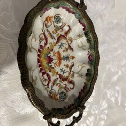 Vintage  Chinese Bronze Mounted Porcelain Decorative Tray 8"