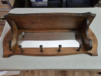 Vintage Wooden Coat Rack With Mirror & Shelf