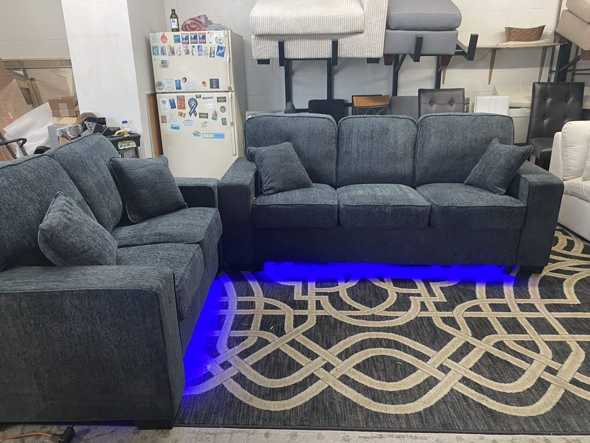 New Couch / Love Seat W LED Lights. Blue Chenille. 86x34x38H; 63x34x38H. Free Delivery!