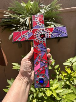Mosaic wall cross for any room, original design made of glass tiles on wood 12”
