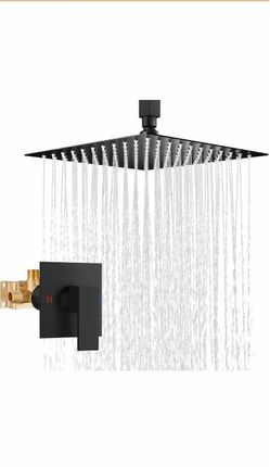 Airuida 12 Inch Matte Black Shower Faucet Set, Rainfall Shower System Ceiling Shower Head, Male Thread Rough-in Valve, Ceiling Mount, Single Handle