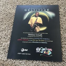 Save The Music "Certificate of Gratitude" from 1999