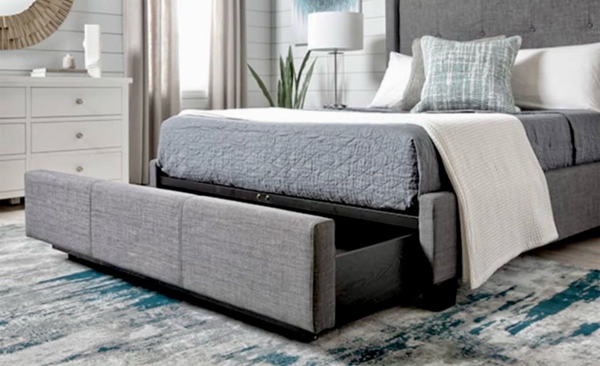 Living Spaces Upholstered Full Bed Frame (with large storage drawer) + Low Profile Foundation