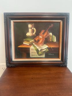 A. Warner Signed Original Oil Painting Violin & Books Still Life