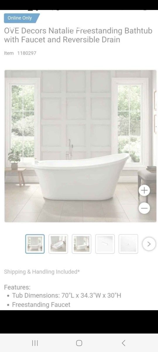 Ove Decores Natalie Freestanding Bathtub With Faucet And Reversable Drain