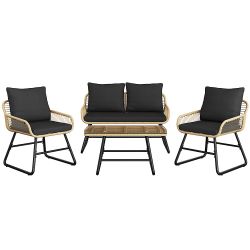 Set of 4 Patio Furniture Conversation Set with Cushions & Pillows for Balcony, Garden, Black