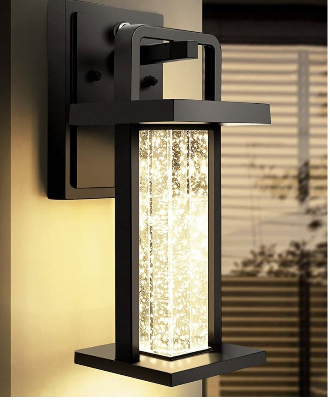 Modern Outdoor Wall Light Fixture,Dusk to Dawn Wall Mount for House with Bubble Crystal Glass,Black Front Porch Lights Waterproof 10W 480LM Integrated