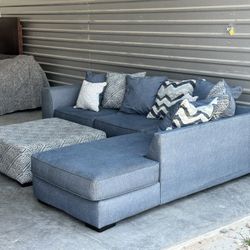 Large Blue Sectional + Ottoman 