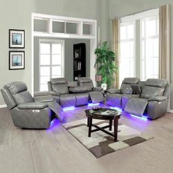 New Grey Faux Leather Reclining Set With Cup Holders And LED lights 