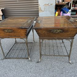 Vintage Wooden Dough Box Side Table Wrought Iron Stand Farmhouse  24” wide  24 1/2 “ tall  28” deep 