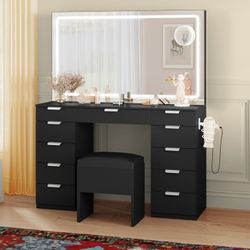 Elegant Vanity Desk Set with LED Mirror, 11 Drawers, and Storage Bench, Black