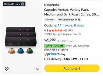 Nespresso Vertuo, Variety Pack, 30-Count Coffee Pods.