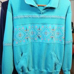 Vintage 1980's Retro BLAST Turquoise Floral Aztec 1/4 Zip Granny Sweatshirt w/ Pockets
