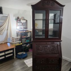 Antique Secretary Desk Carved Wood Asian Ornante