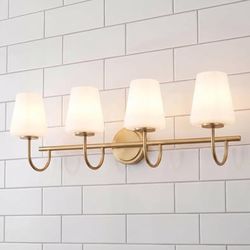 Bathroom Vanity Light, Gold, 4-Light Lighting, with Flared Milk White Glass Shade, E26 Base