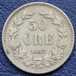 1883  Sweden 50 Ore Silver Coin