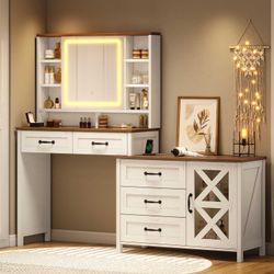 White LED Mirror Glass Top Vanity Desk With Dresser Charging Station Drawers Shelves
